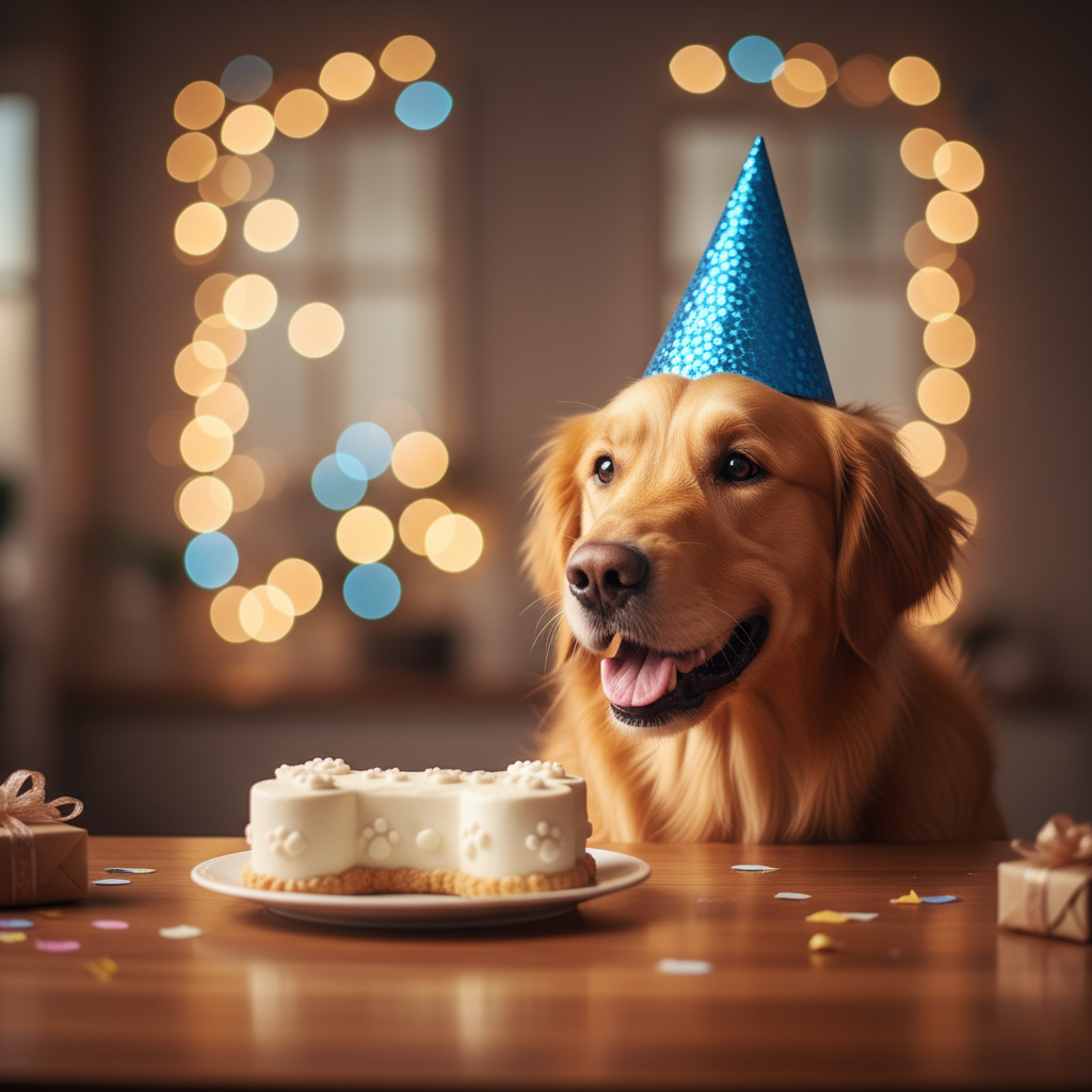 반짝이는 파란색 생일 고깔모자를 쓰고 나무 테이블 위에 놓인 뼈다귀 모양의 작은 케이크를 행복하게 바라보는 골든 리트리버의 모습, 부드러운 실내 조명과 시네마틱한 보케 배경.