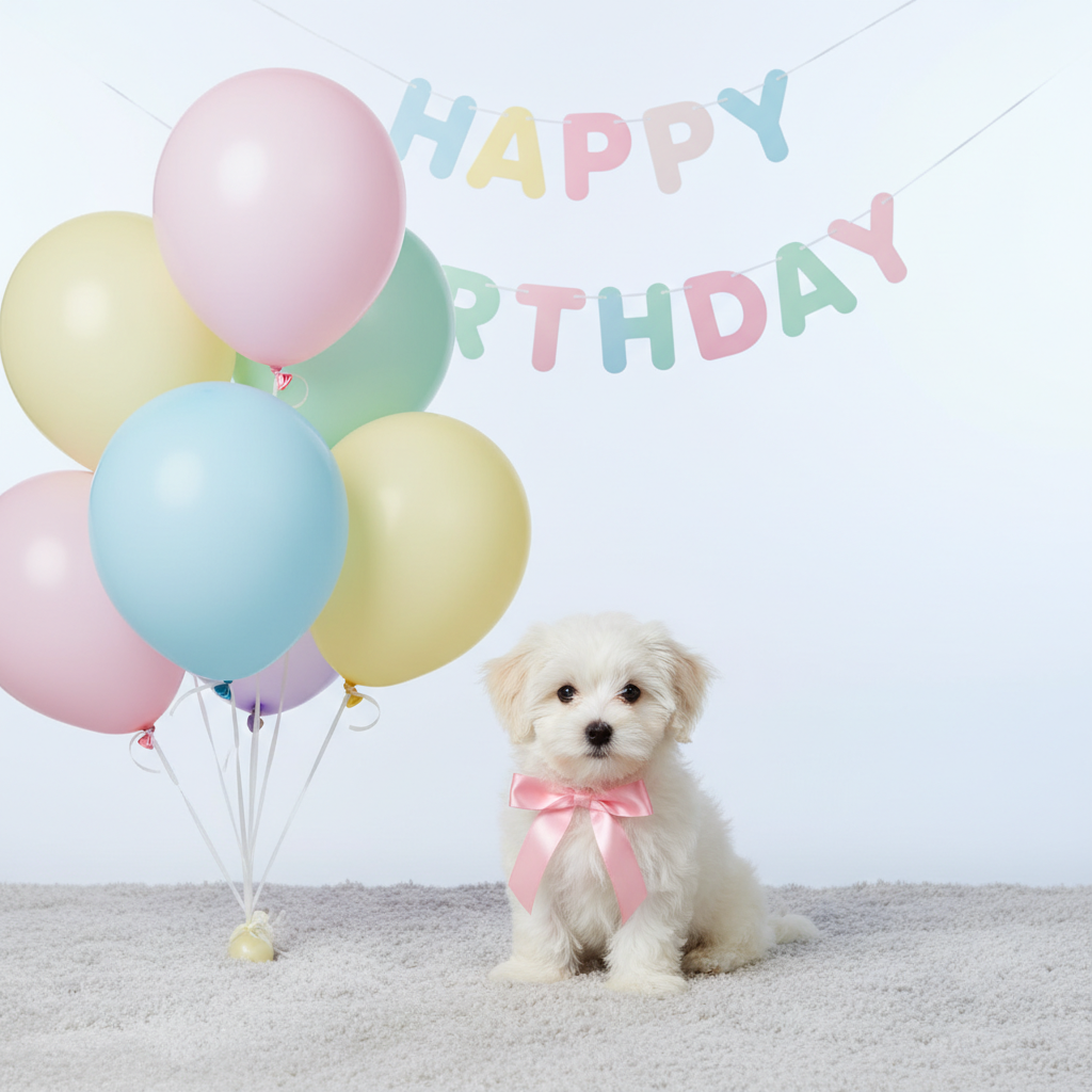분홍색 리본을 맨 귀여운 말티즈 강아지가 파스텔 톤의 풍선과 'Happy Birthday' 가랜드 옆에 앉아 있는 고품질 스튜디오 사진, 선명하고 화사한 색감.