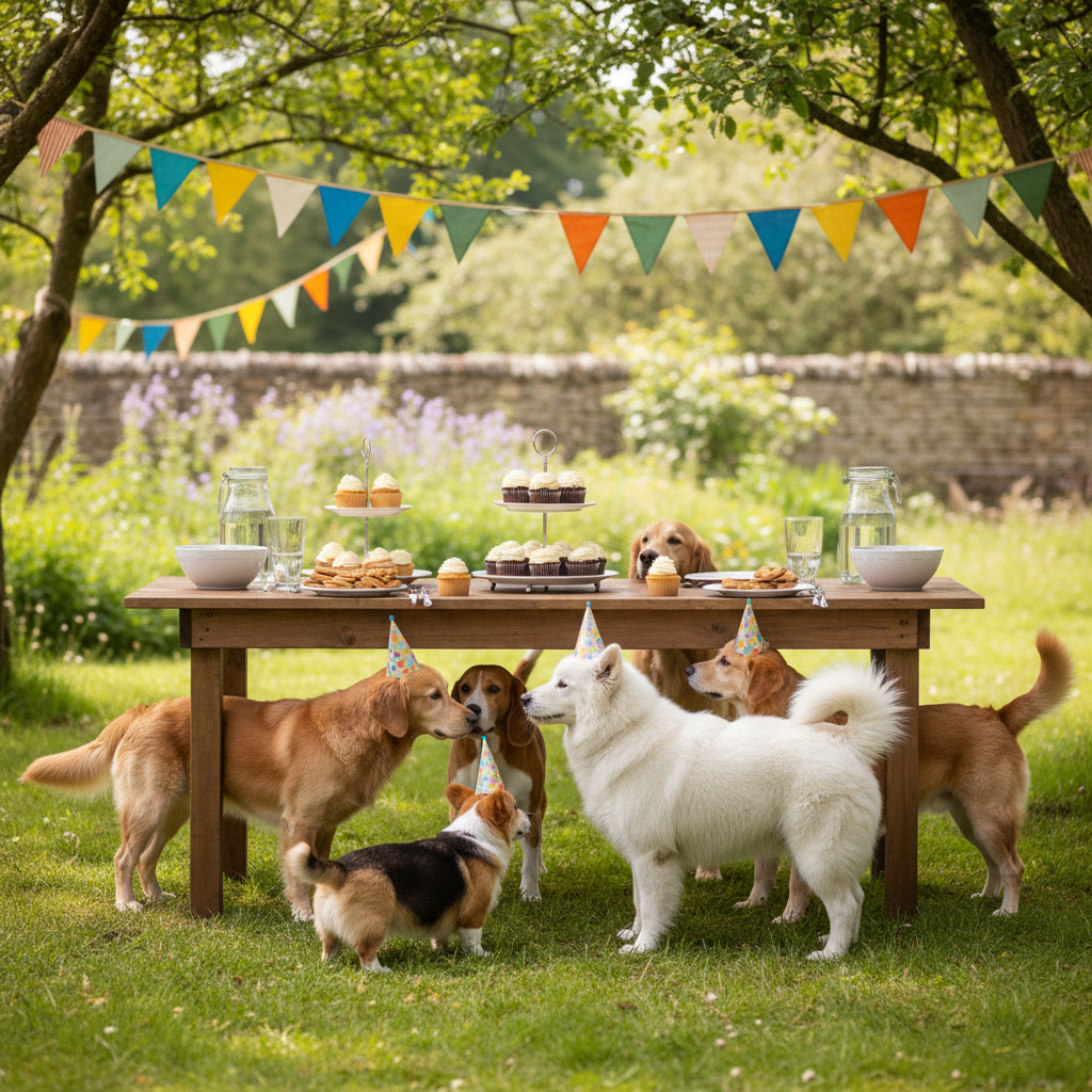 햇살 가득한 정원에서 열린 전원적인 강아지 생일 파티 장면, 나무 테이블 위의 강아지 전용 컵케이크와 나무 사이로 걸린 알록달록한 깃발 장식, 부드러운 자연광.
