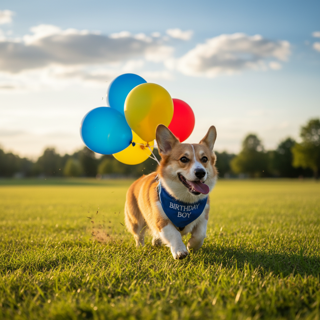 'Birthday Boy'라고 적힌 스카프를 두르고 등에 풍선을 매단 채 초록색 잔디밭을 신나게 뛰어가는 코기의 역동적인 순간, 고속 촬영으로 포착한 생동감 넘치는 표정.