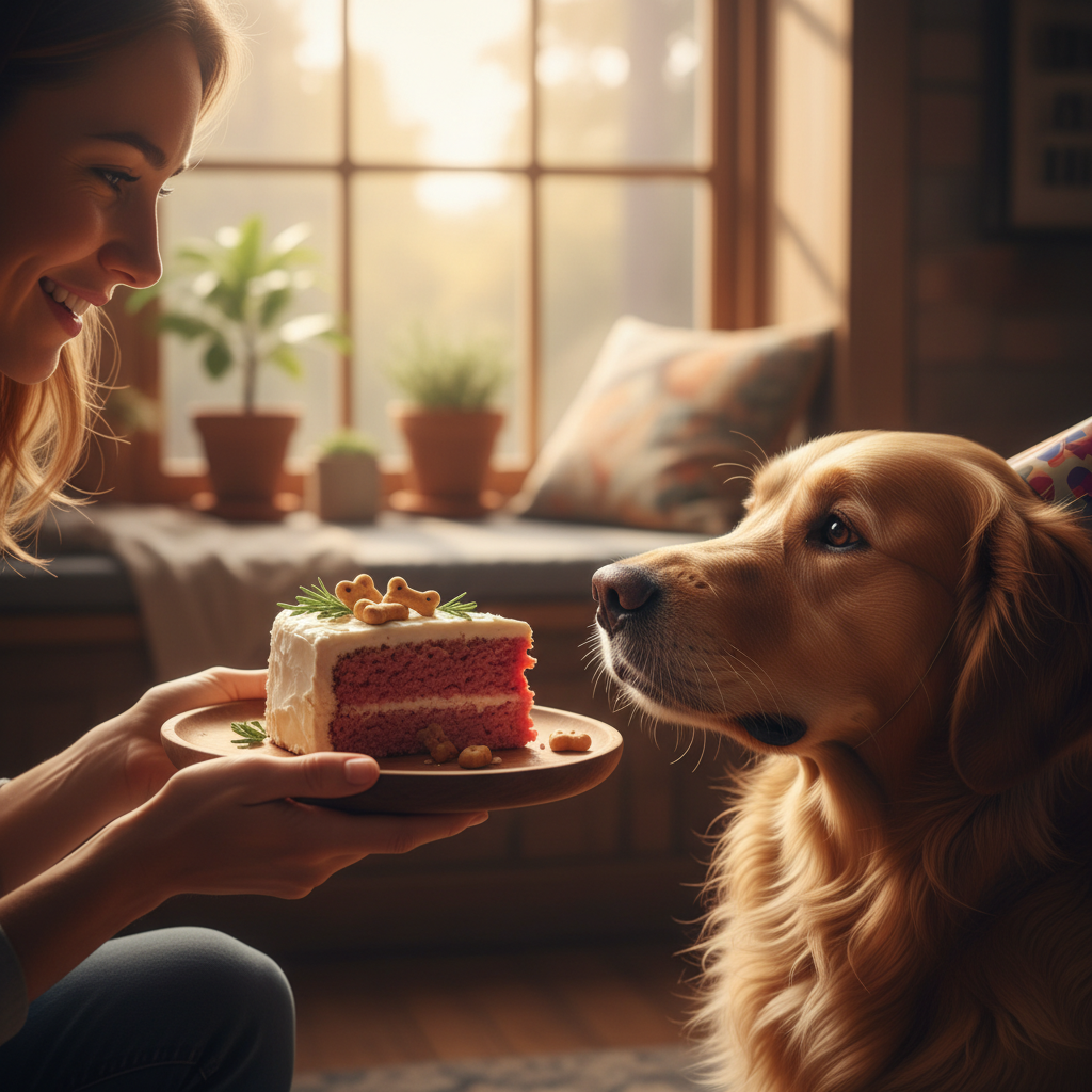 따스한 오후 햇살이 비치는 창가에서 주인이 강아지에게 고기로 만든 생일 케이크 조각을 건네는 감성적인 장면, 강아지의 털 질감과 교감을 강조한 클로즈업.