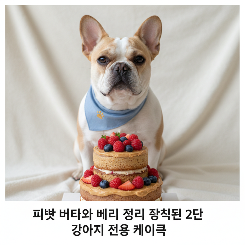 피넛 버터와 베리로 장식된 2단 강아지 전용 케이크 뒤에 위풍당당하게 앉아 있는 프렌치 불독, 부드러운 크림색 배경과 깔끔한 구도의 블로그 헤더 스타일.