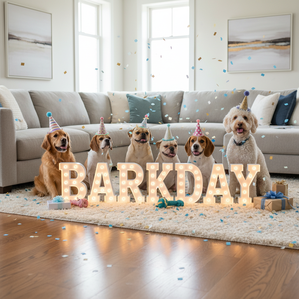 밝고 현대적인 거실에서 다양한 파티 모자를 쓴 여러 마리의 강아지들이 'Barkday' 표지판 주위에 모여 있는 유쾌한 분위기, 선명한 초점과 8K 해상도의 고화질 이미지.